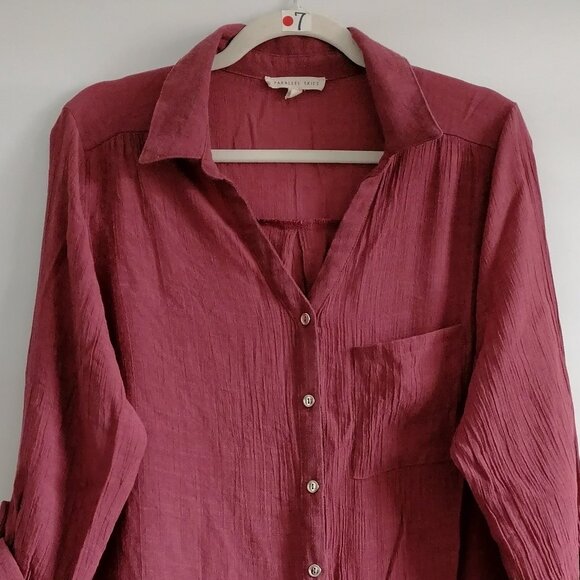 Parallel Skies Women's Maroon Red Ruffle Comfy Roll Tab Sleeve Shirt Size XL - Picture 2 of 8